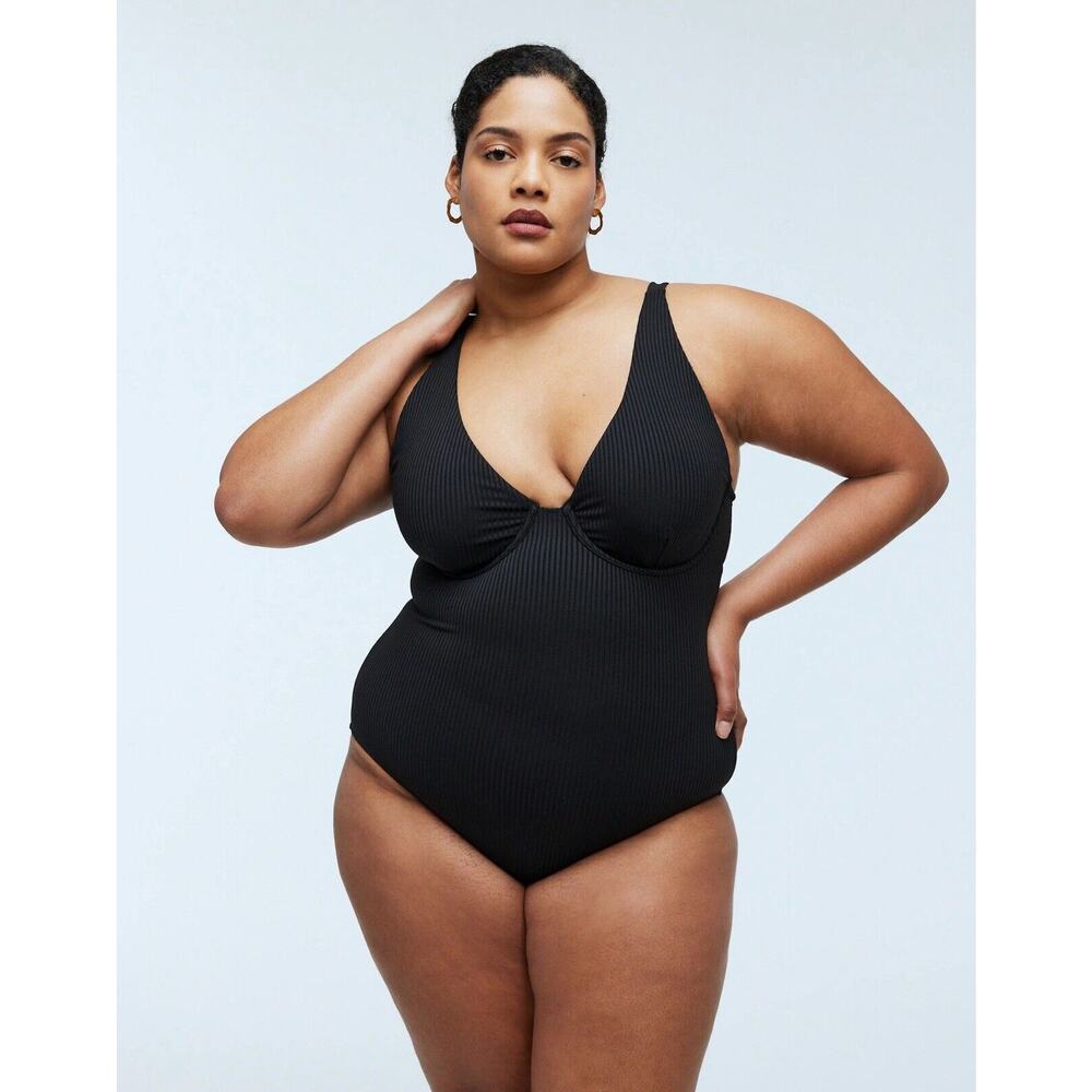 Madewell Plus Ribbed Underwire Open-Back One-Piece Swimsuit 2X True‎ Black NJ970
